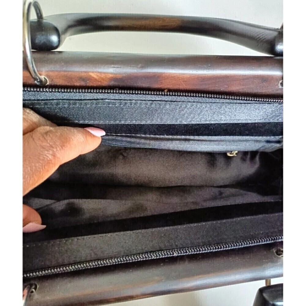 Vintage Style Satchel Purse Wood Handle Black & Multi Colored Beaded Hand Sewn - Picture 7 of 7